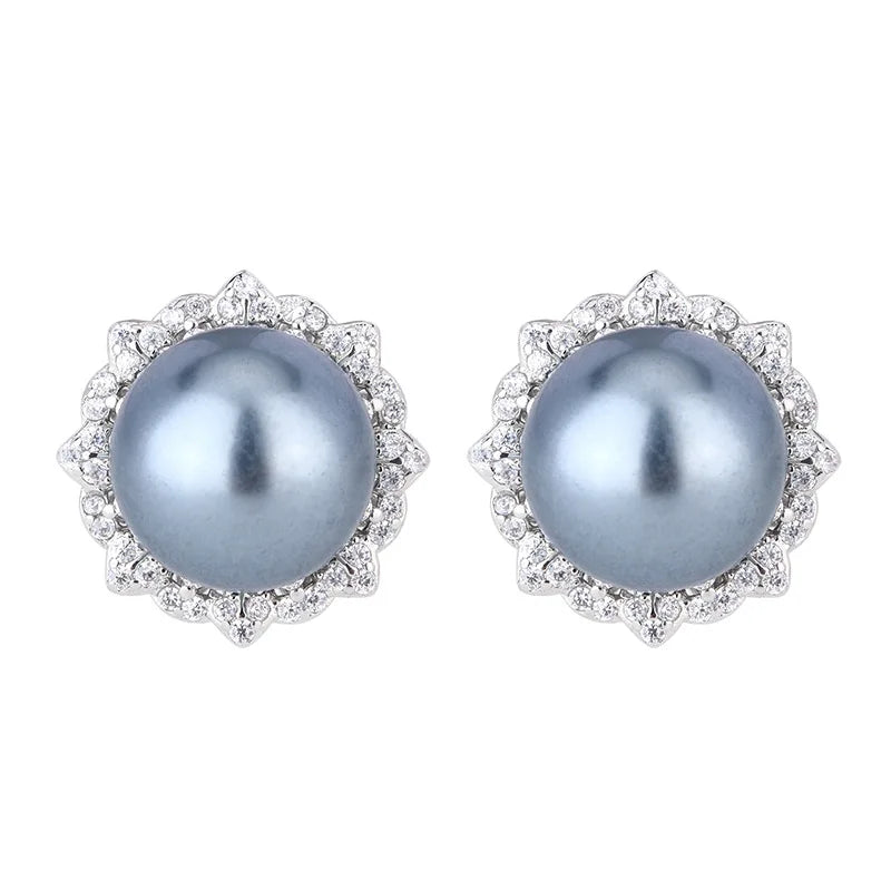 Fashion Eco-friendly Copper Gold Plated Earrings Set Round Cut 16-12mm Grey Shell Pearl Bridal Jewelry Set for Women