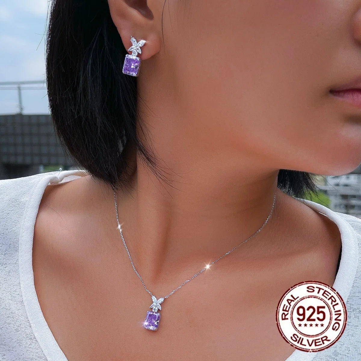 Sparkling High-carbon Crushed Ice Cut Cubic Zirconia S925 Sterling Silver Purple Jewelry Set for Women Wedding Party Jewelry
