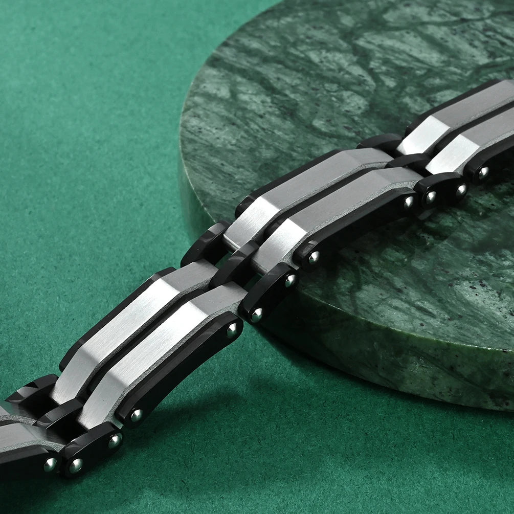 REBEL Alin Western Style Interlinked Rectangular Links Jewelry Stainless Steel Bracelet for Men Unisex