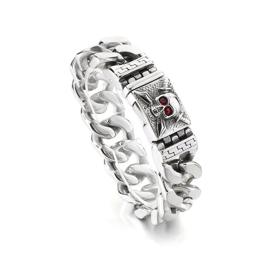KALEN Mens Punk Fine Jewelry Fashion Bracelets Stainless Steel Red Zircon Skull Charm Links Bracelet