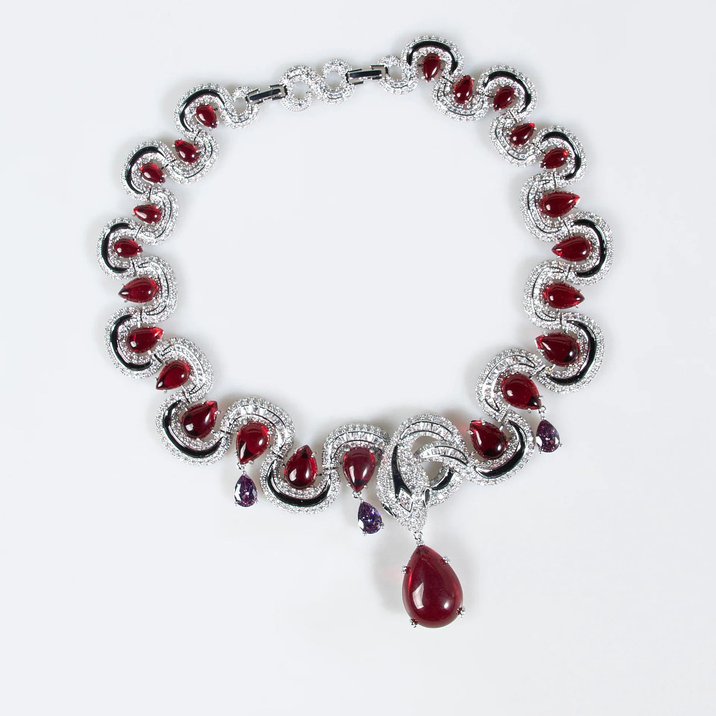 High Quality Luxury Jewelry Sets Elegant Rhodium Plated Ruby Red Cubic Zirconia Necklace Earring Sets for Wedding Party