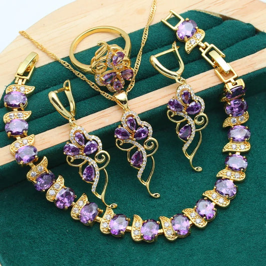 Luxurious Purple Zircon Gold Wedding Set for Women Including Bracelet Earrings Necklace Pendant Ring-for Parties Holidays