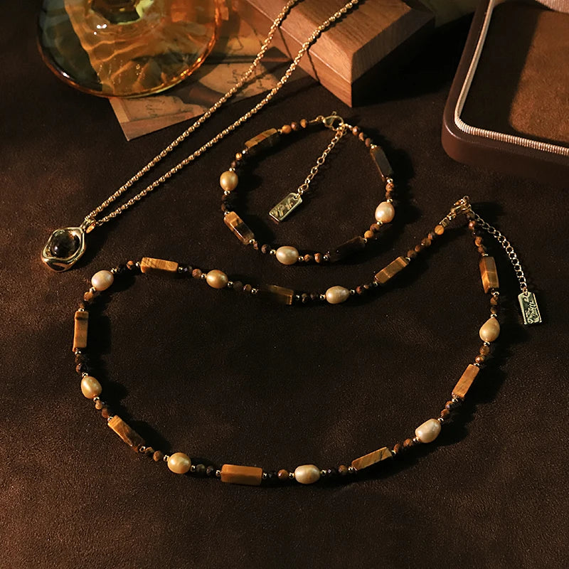 Natural Pearl Long Tiger Eye Stone Pendant Necklace Bracelet Set Luxurious Design Jewelry Set for Banquet Gift for Women GS0221
