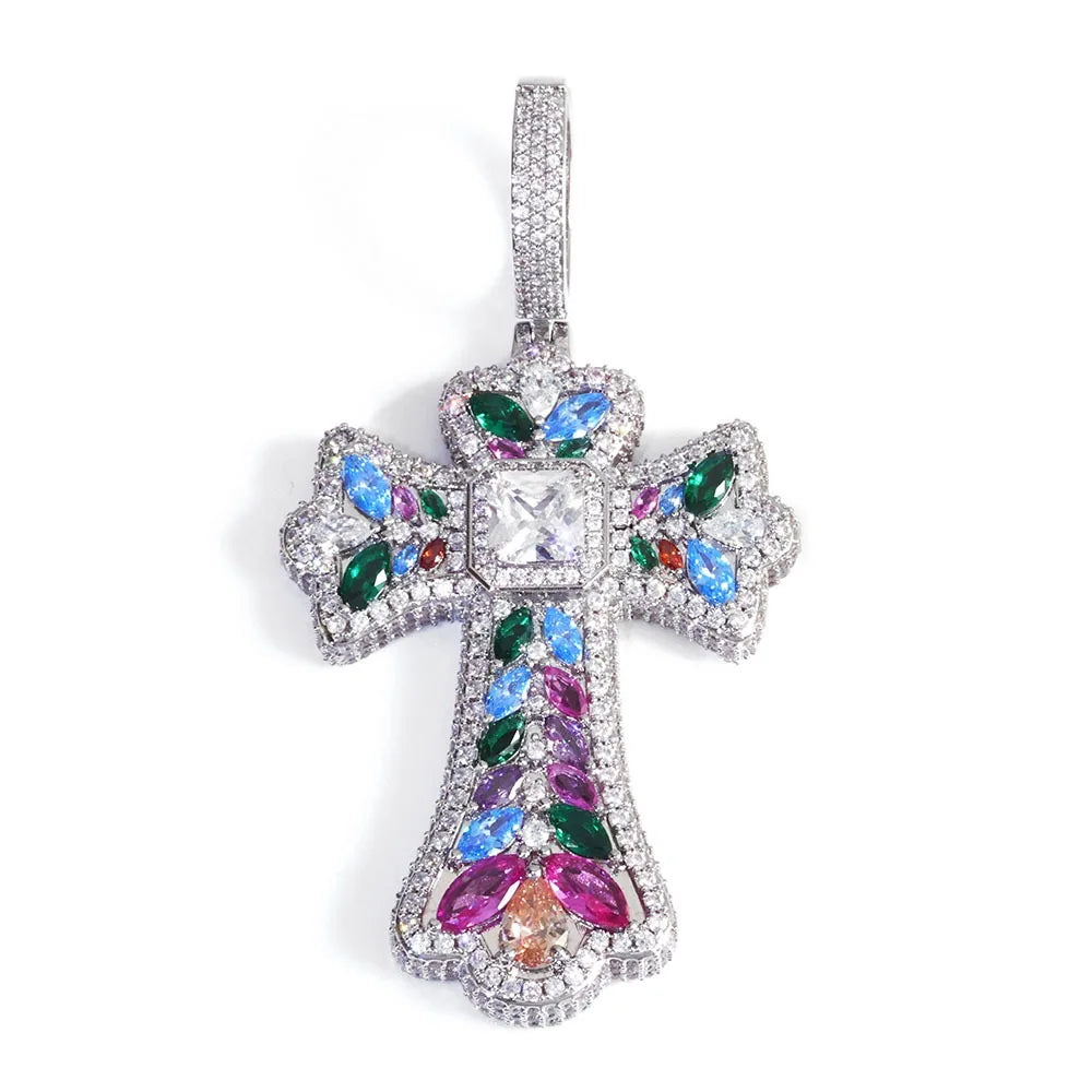 BiG-BOSS Hip-hop Colored Gemstone Wheat Ears Cross Pendant. Factory Direct Sale.