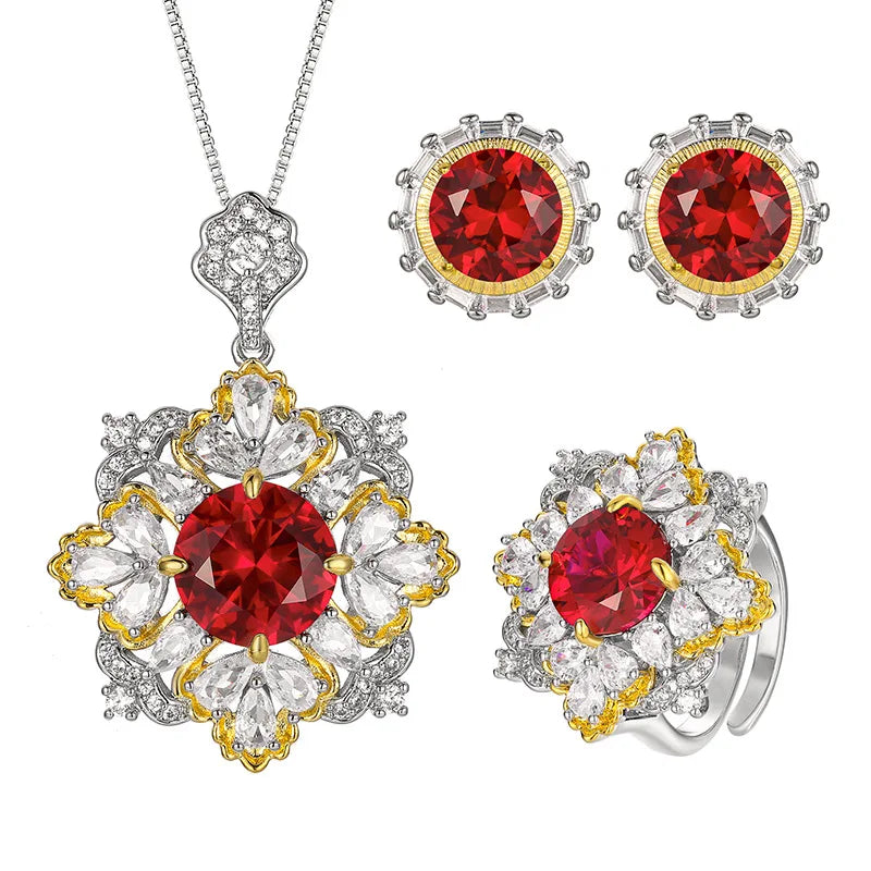 Gemfiori 2025 New Fashion Jewelry Shining Chinese Red Zircon Pendant Earrings and Rings Light Luxury Set Holiday Gift