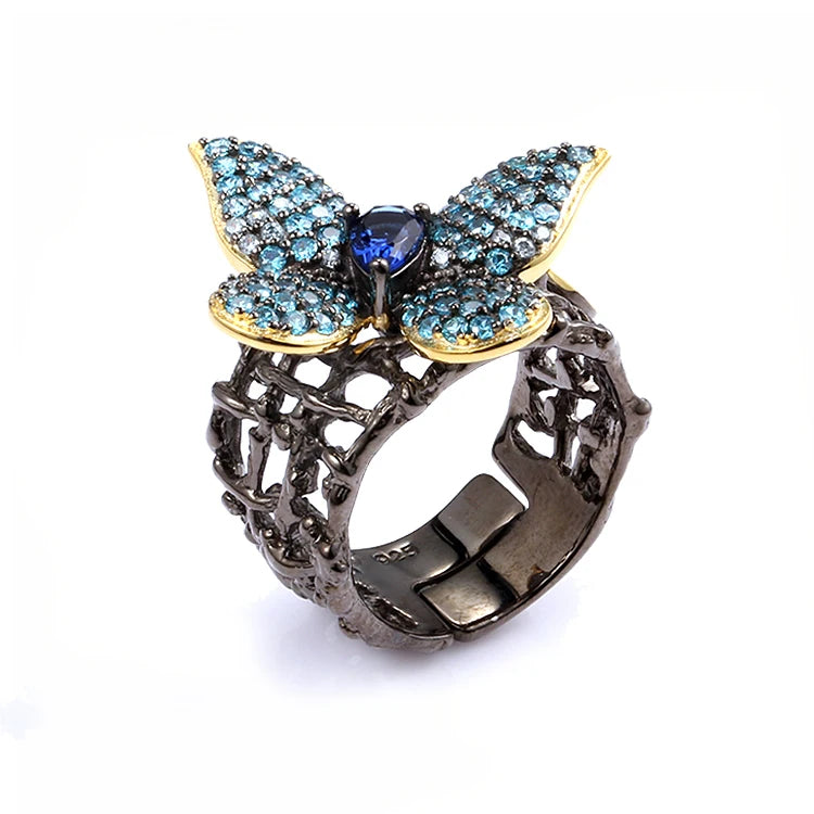 Handmade Fashion Blue Butterfly 925 Sterling Silver Ring With Gold Plated