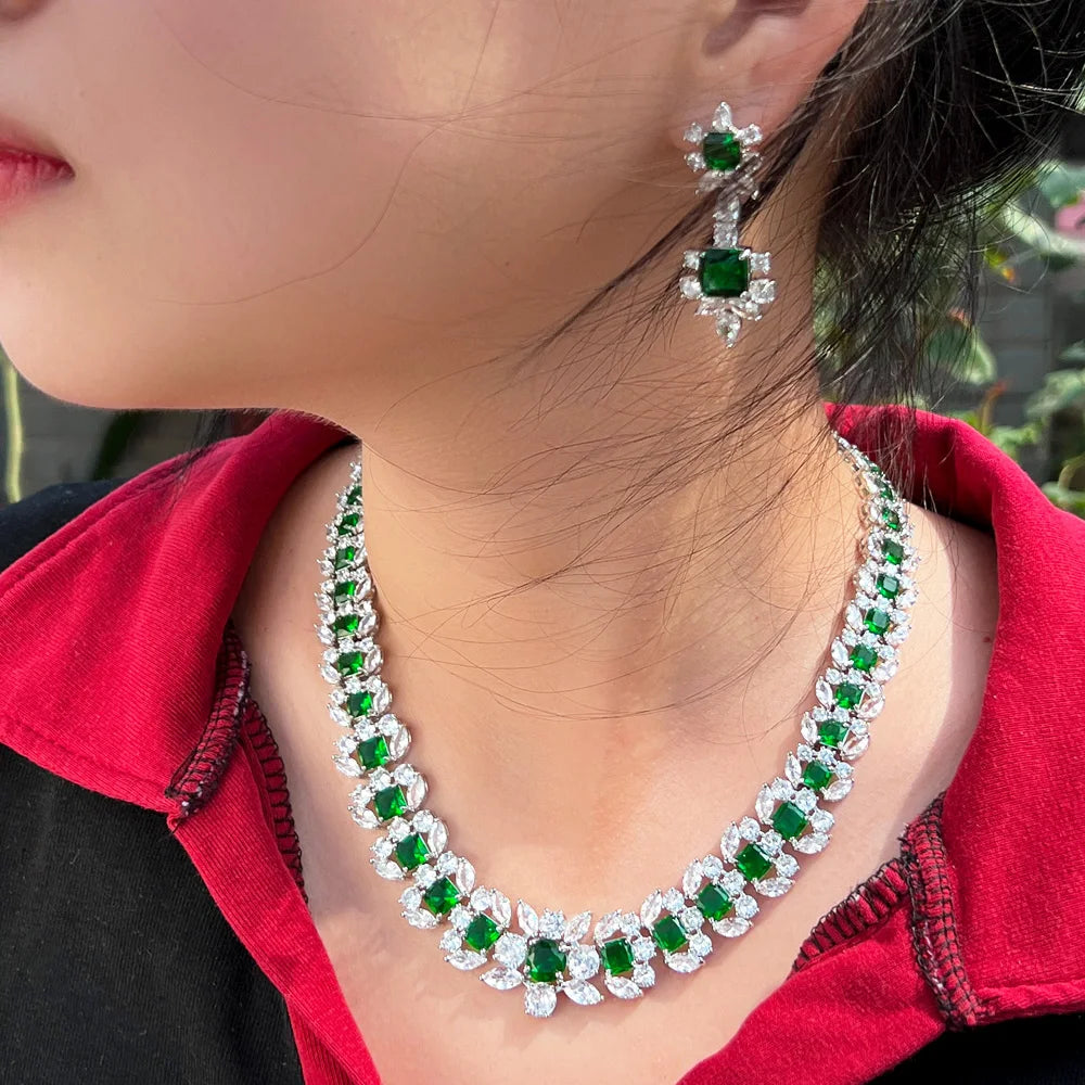 Luxurious Elegant Green Square Cubic Zirconia Big Women Wedding Event Costume Necklace Earrings Jewelry Sets for Brides