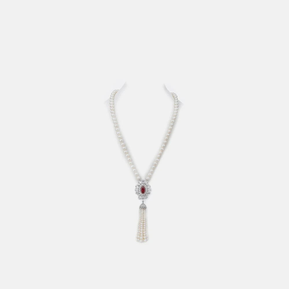 Silverelli | 925 Silver Natural Freshwater Pearl Tassel Necklace | Sweater Chain | Elegant