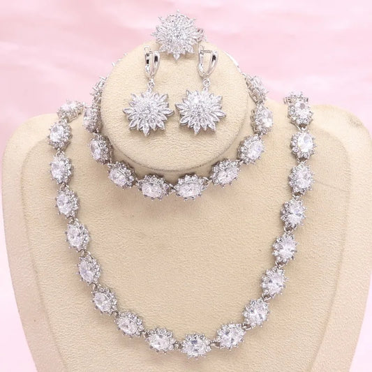 Luxury White Zirconia Silver Wedding Set for Women Includes Necklace Earrings Ring Made Alloy-for Gifts Parties Engagements