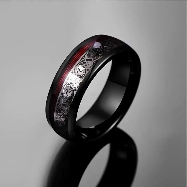 Tempusort Fashion Jewelry 8mm Black Tungsten Carbide Ring with Red Guitar String Spiral Pattern Inlay for Men Anniversary Gifts