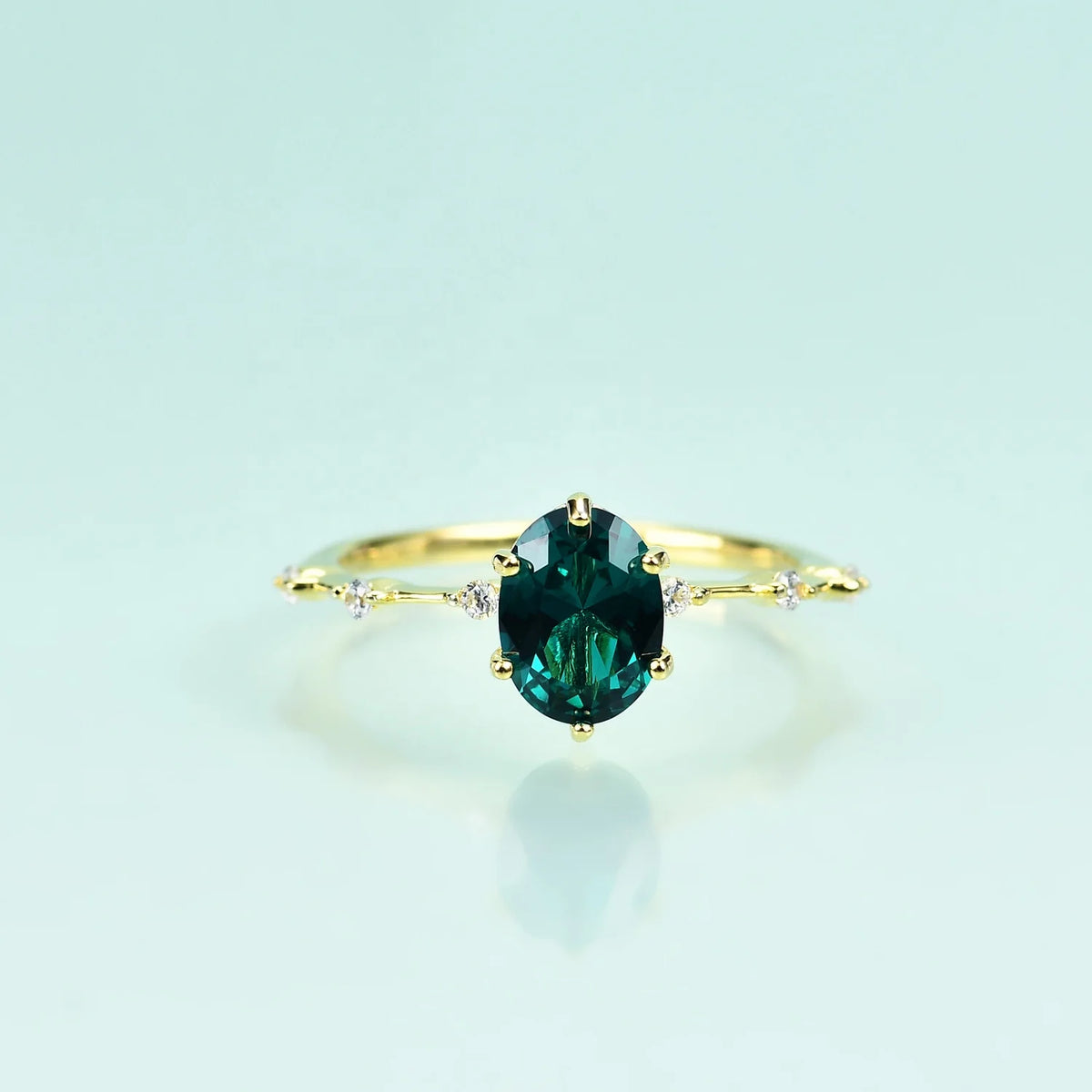 Gemfiori Abiding New Arrival Delicate 925 Sterling Silver Gold Plated Oval Cut Nano Colombian Green Emerald Gemstone Ring for Women
