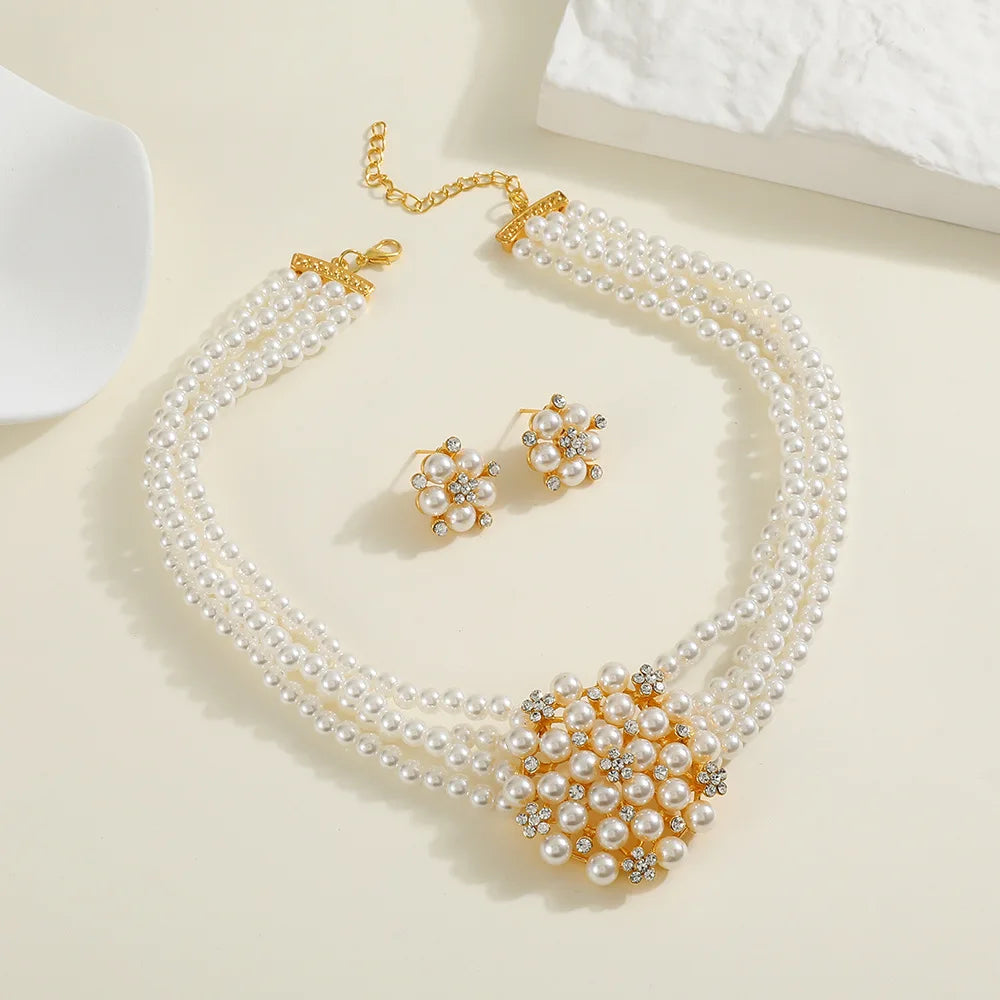 Multi-Row Pearl & Crystal Flower Necklace & Earrings Jewellery Set | Bridal Wedding Fashion Set