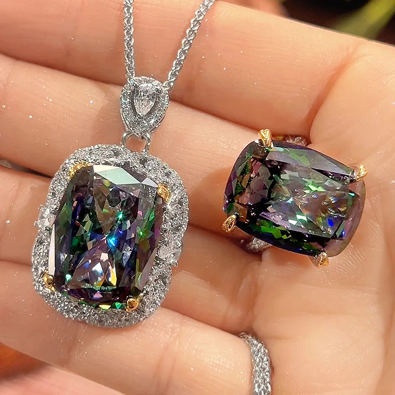 REDheart Fashion Fat Rectangular Gold Plated Zircon Two-Color Pendant Set with Copper Inlaid Zircon for Women's Wedding Party