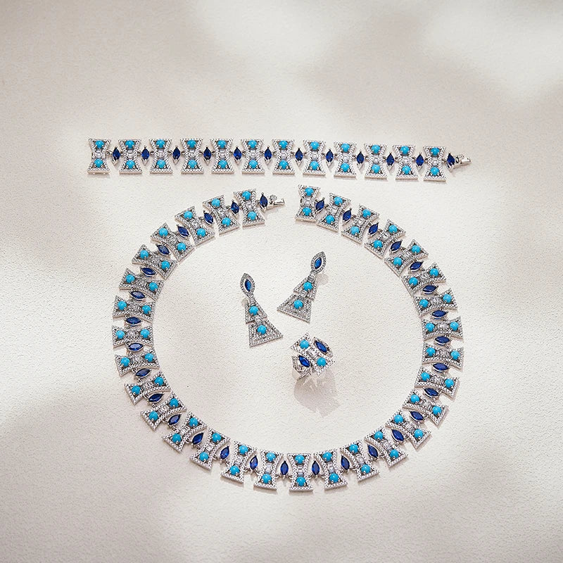 Women Boutique Jeweler Purchases Turquoise Blue Necklace Earrings Anti-oxidation Ring Bracelet Suitable for Banquet 4-piece Set