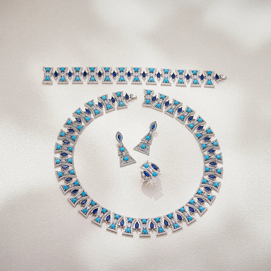 Women Boutique Jeweler Purchases Turquoise Blue Necklace Earrings Anti-oxidation Ring Bracelet Suitable for Banquet 4-piece Set