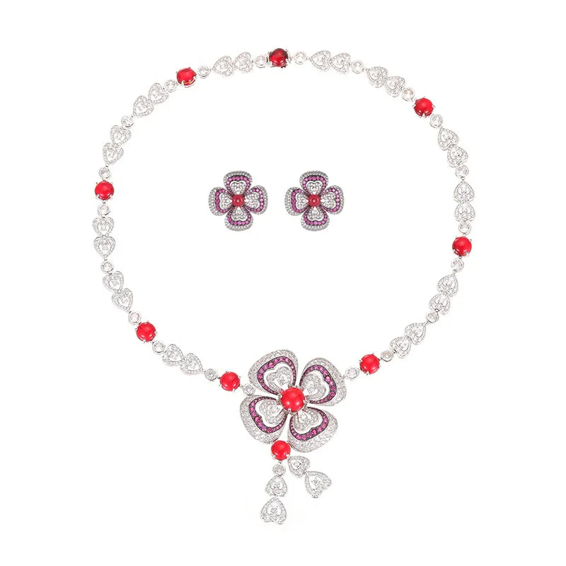 Luxury Round Brilliant Zirconia Floral Middle Eastern 2-Piece Necklace & Earrings Bridal Set — Rhodium Plated