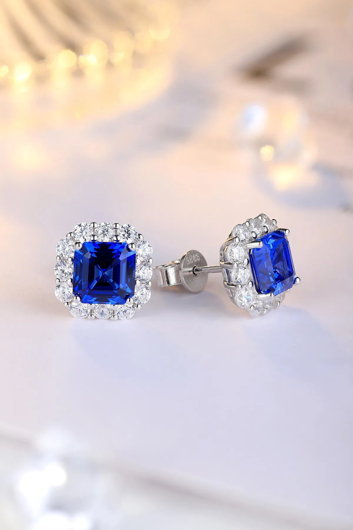 Gemfiori High Quality S925 Lab Grown Sapphire Asscher Cut Earring Stud Dainty Gemstone Stud Earrings for Women Daily Wear Gift