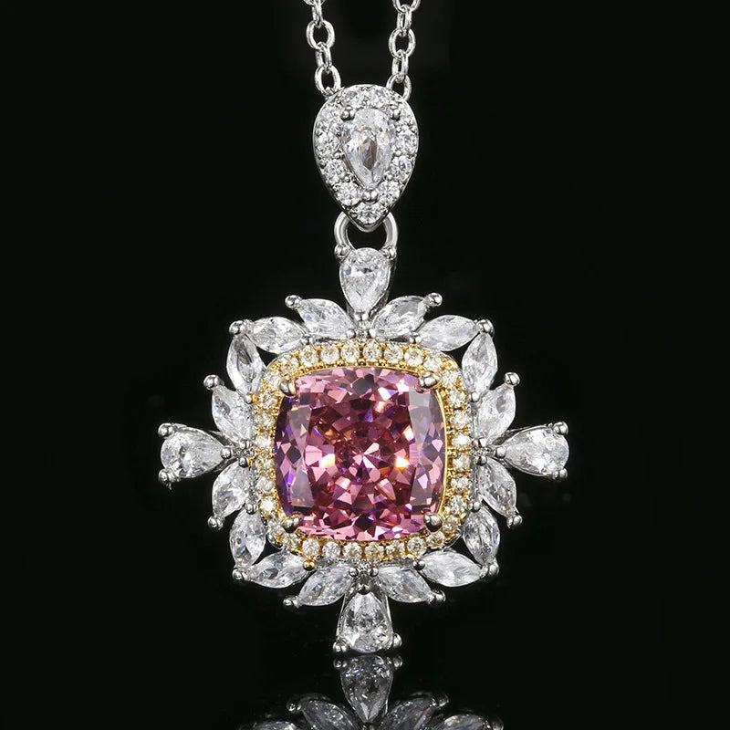 Gemfiori French Square Crystal Zircon Necklace Ring Jewelry Set Banquet Colorful Crystal Necklace Pendant