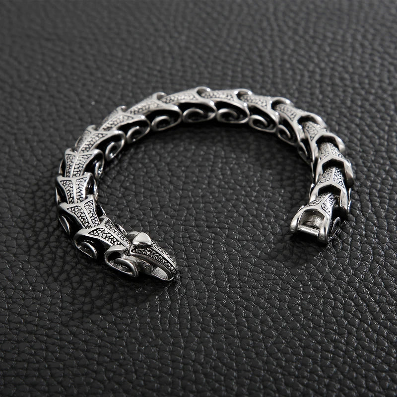 VIKING Mens Punk Dragon Pattern Casting Bracelet – Silver Stainless Steel