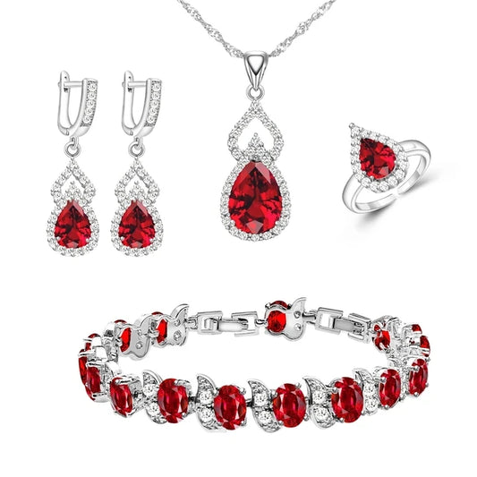 Women's Classic Platinum Plated Silver 925 Custom Jewelry Sets Red Zircon Earrings Necklace Ring Bracelets for Engagement