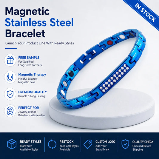 REBEL 4-in-1 Blue Stainless Steel Magnetic Therapy Chain Link Bracelet with Crystal Bar Adjustable Fashion Jewelry