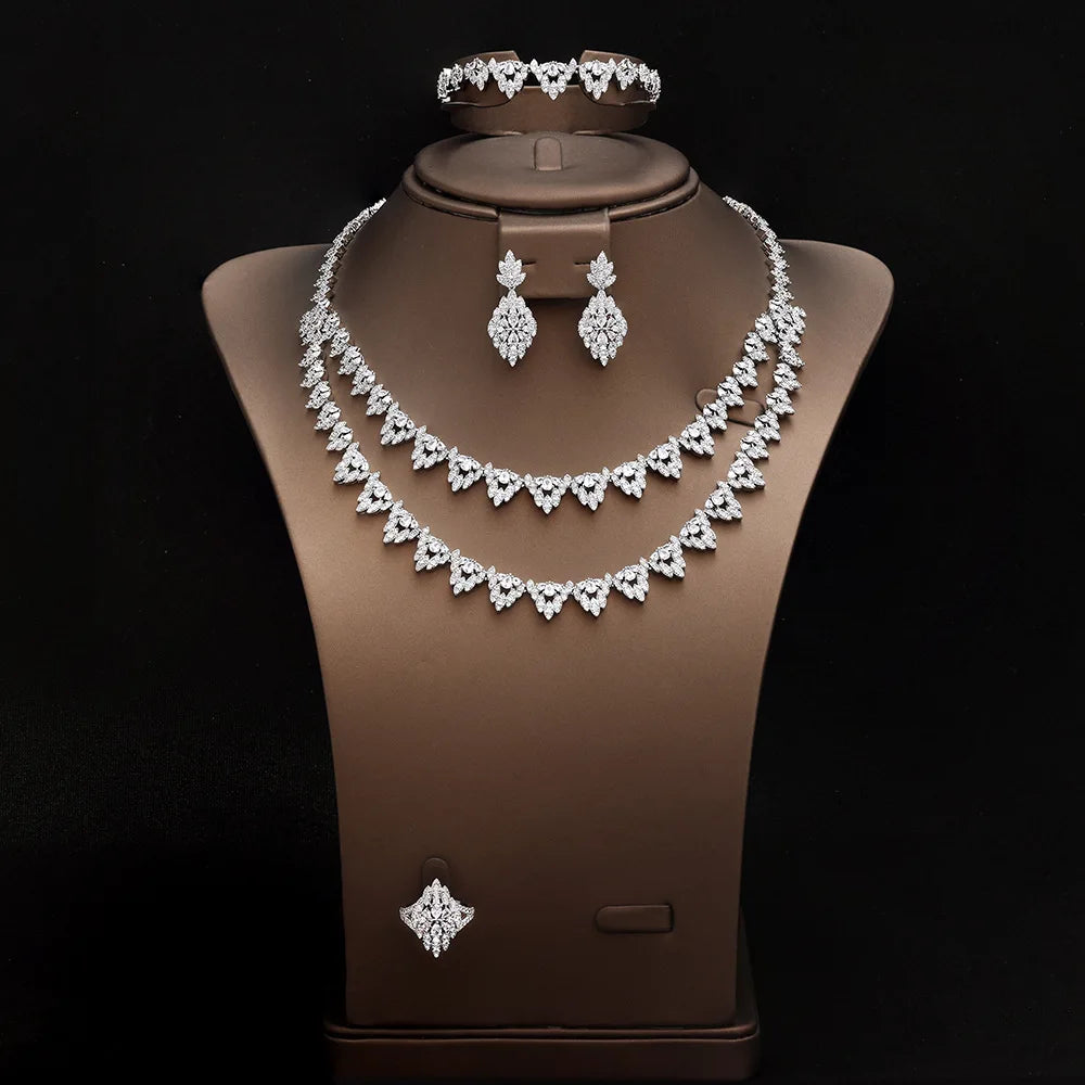 Palace-Inspired Multi-Layer Water Drop Zirconia Necklace & Earrings Set — Rhodium Plated Silver