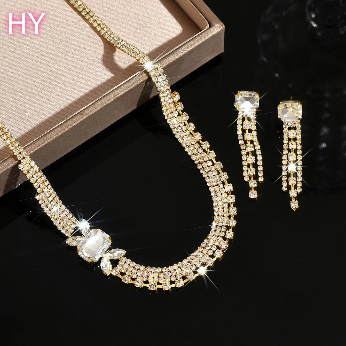 HY  Crystal Bridal Wedding Jewelry Gold Pleated Rhinestone Necklace Earrings Bracelet Ring Sets Formal Costume