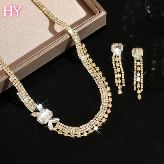HY  Crystal Bridal Wedding Jewelry Gold Pleated Rhinestone Necklace Earrings Bracelet Ring Sets Formal Costume