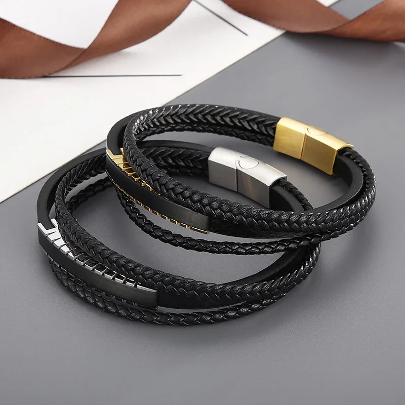 KALEN Unisex 220mm Causal Stainless Steel&Fibre Bracelet With Custom Plate