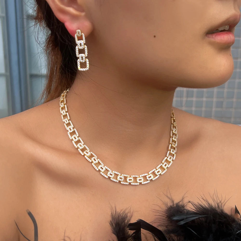 Wholesale 18k Gold Plated Cubic Zirconia Necklace and Earrings HipHop Cuban Chain Link Party Jewelry Sets for Women Men