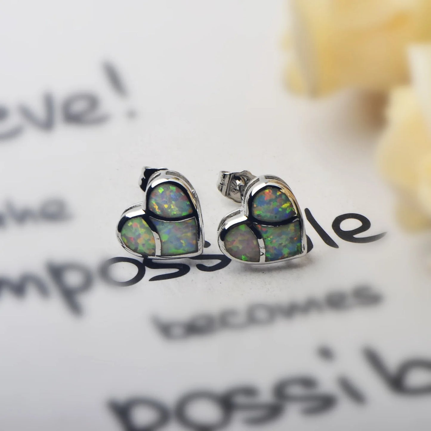 Patchwork Heart Opal Stud Earrings - Iridescent Opal Segment Design | Dainty Romantic Daily Jewelry Bulk Gifts