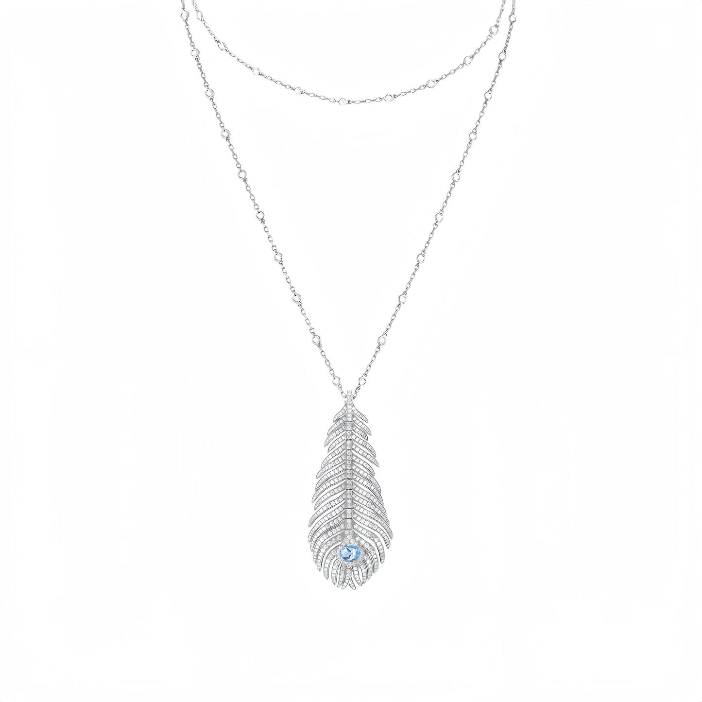 MUSHAN Jewelry 925 Silver Jewelry Long Chain Necklaces Women High Carbon Diamond Aquamarine Gemstones Feather Pendant Necklaces