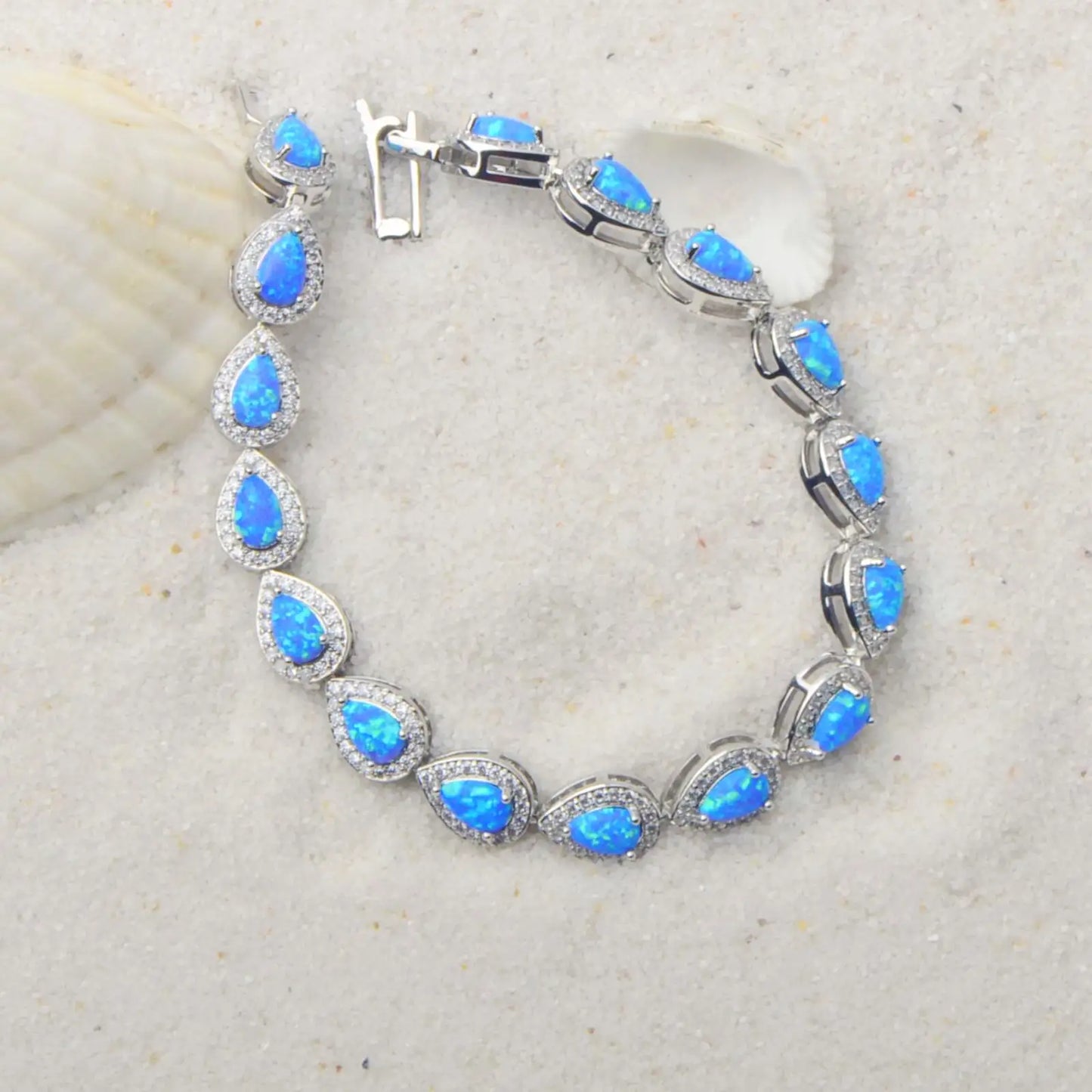 Blue Opal Teardrop Bracelet | Silver CZ Accent Jewelry