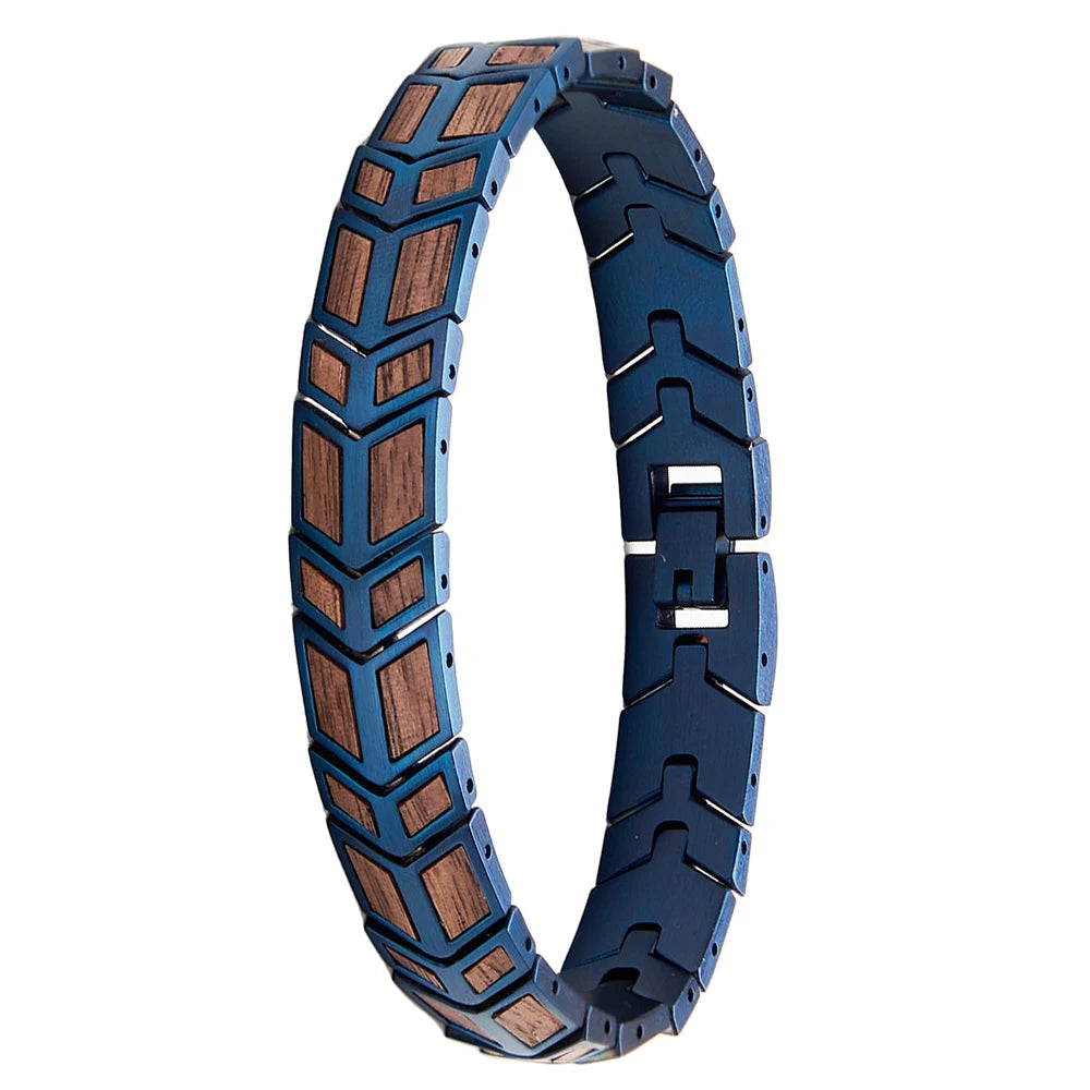 REBEL Blue Stainless Steel and Walnut Wood Skeleton Bracelet Classic Style for Men and Women for Anniversary Occasions