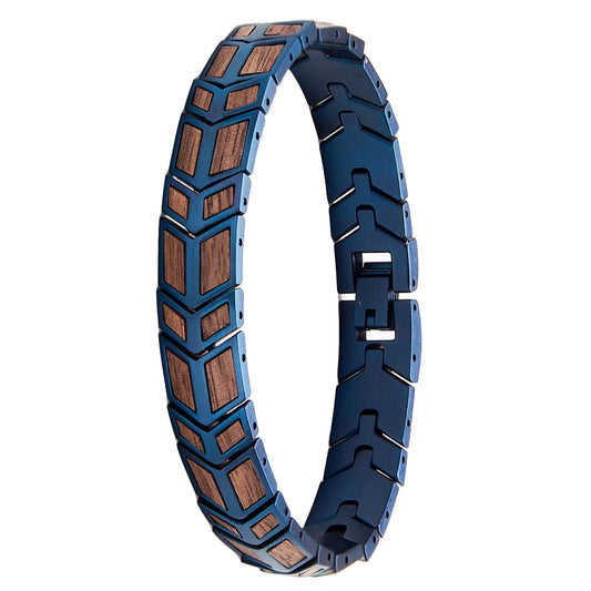 REBEL Blue Stainless Steel and Walnut Wood Skeleton Bracelet Classic Style for Men and Women for Anniversary Occasions