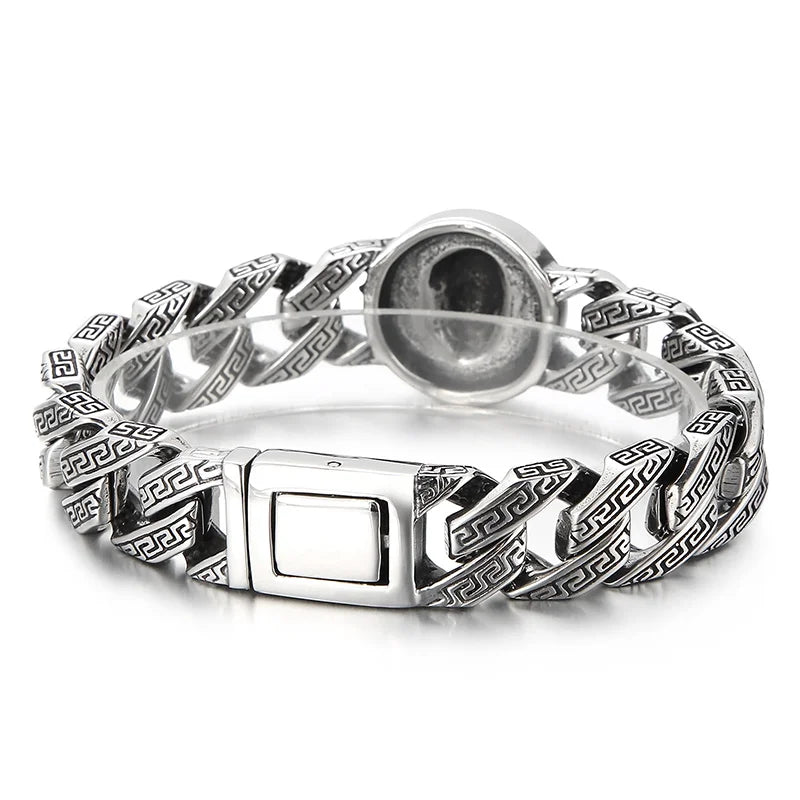 VIKING Mens Punk Skull Pattern Link Bracelet – Silver Stainless Steel
