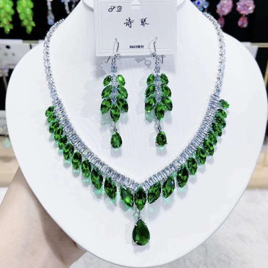 K073 High End Women Trendy Luxury Blue Water Drop Zircon Bridal Necklace Earrings Set Wedding Elegant Jewelry Set