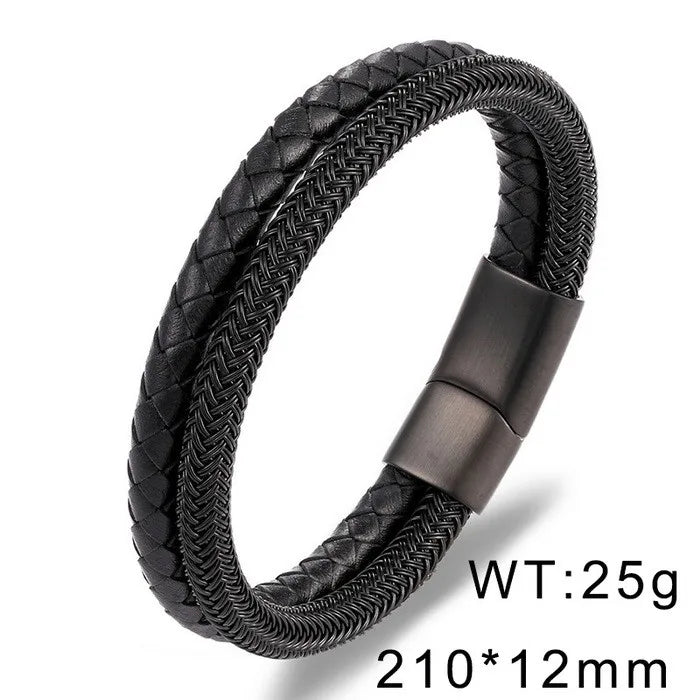 KALEN 12mm Width Men Mature Silver/Black Stainless Steel&Cowhide Leather Double Chain Bracelet