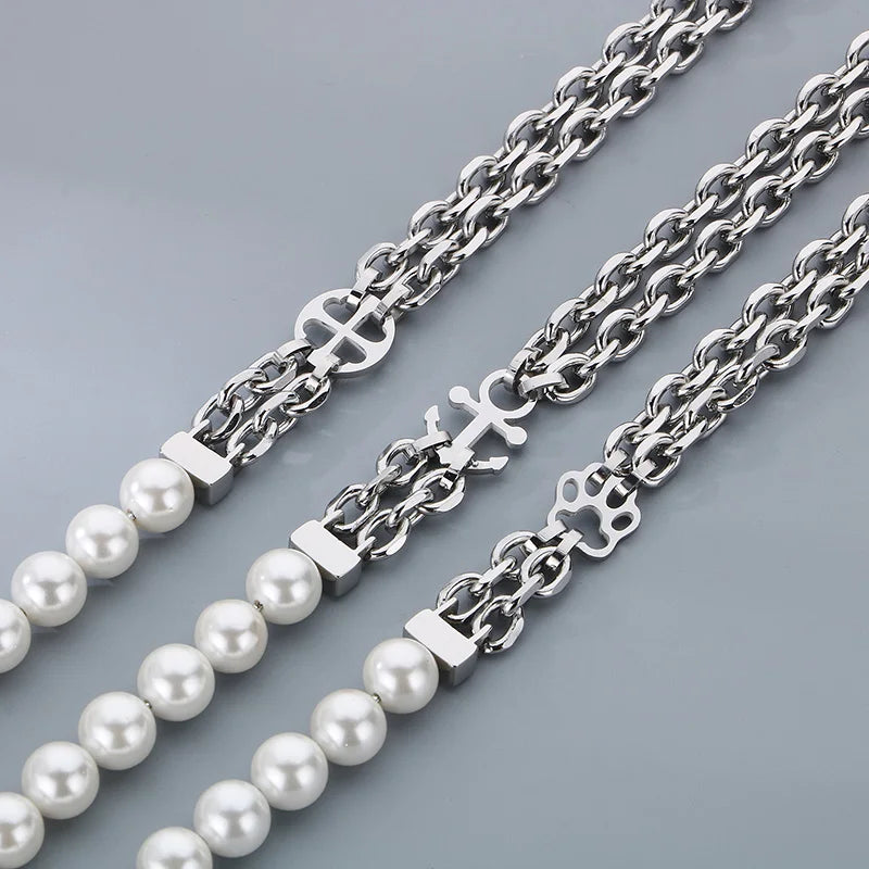 REBEL Unisex Elegant Noble Style Stainless Steel&Pearls Necklace