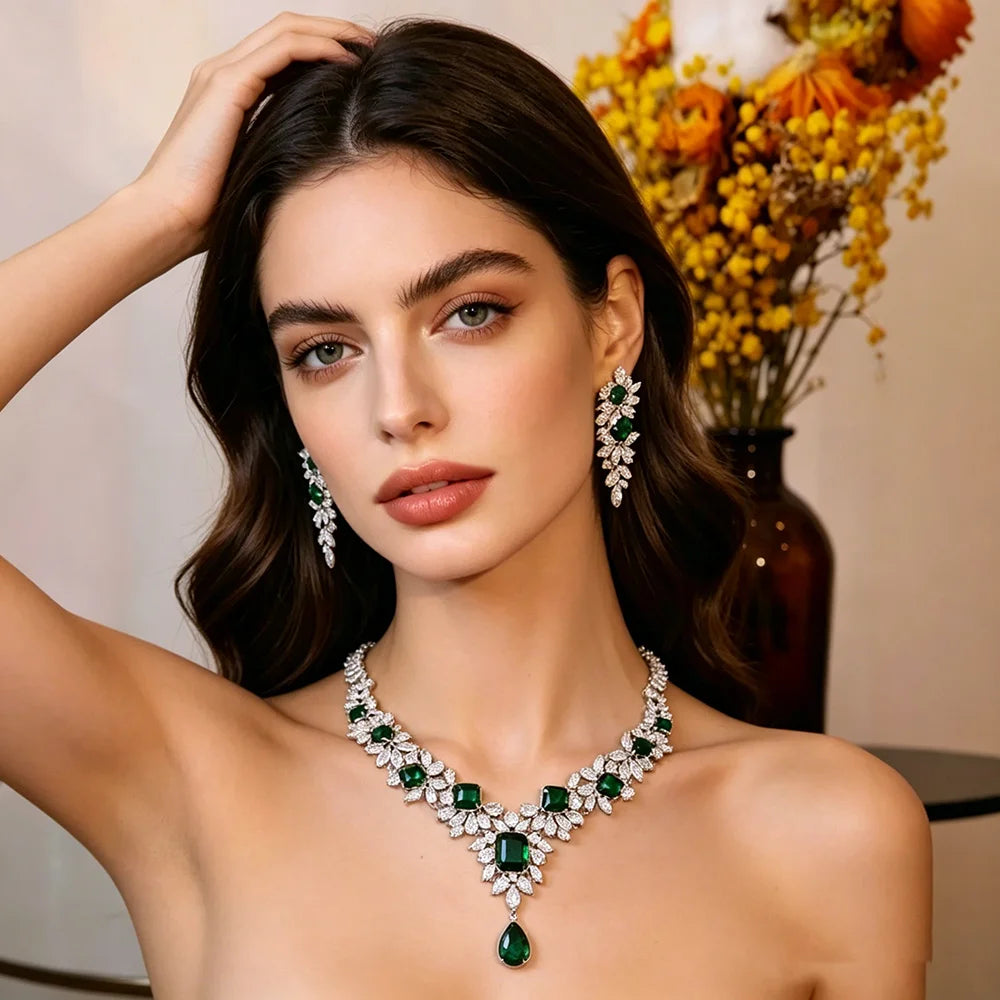 XM S315 Emerald Green Cubic Zirconia Floral Leaf Statement Necklace & Earrings Set