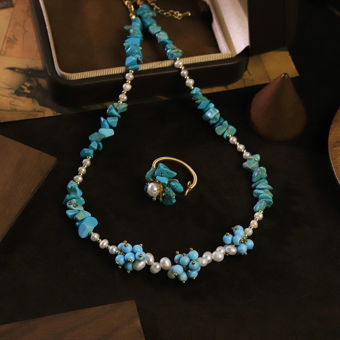 GLSEEVO Natural Pearl & Turquoise Dainty Beaded Necklace & Flower Ring Jewellery Set — Bohemian Style