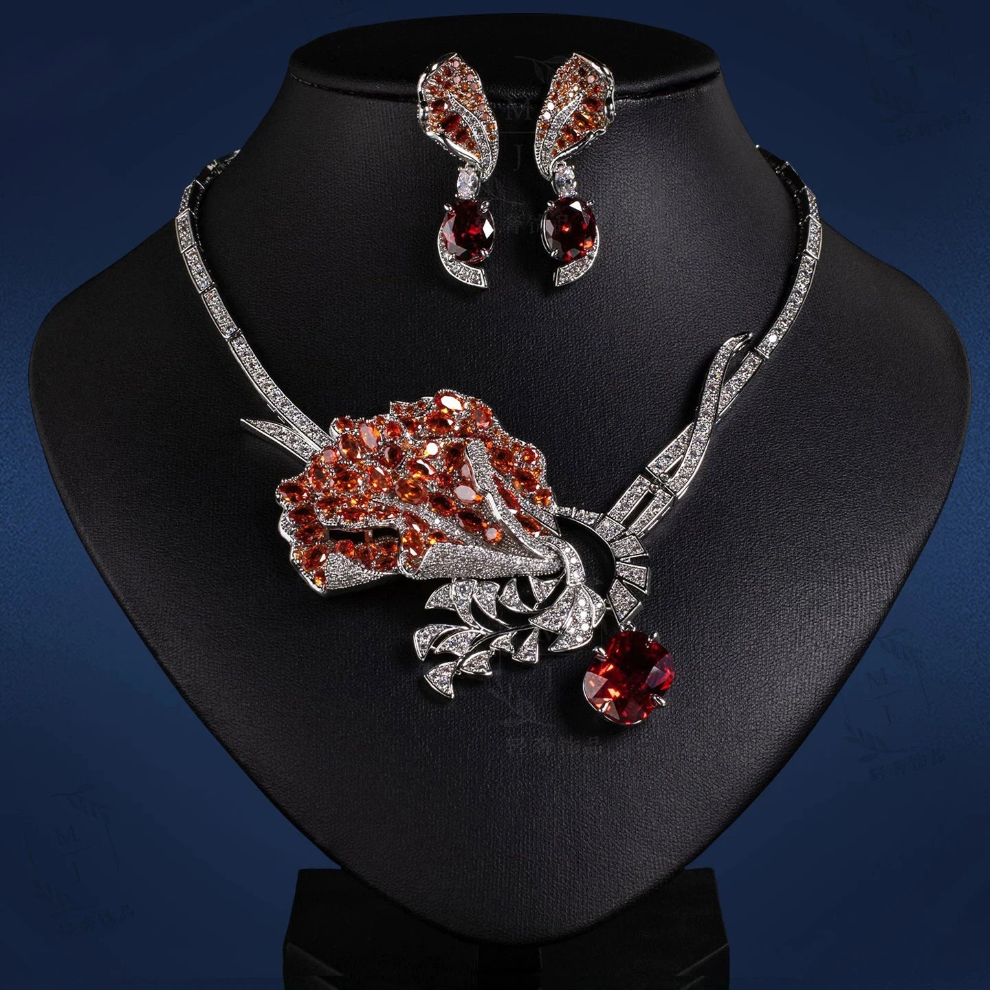 XM S18 Brass Platinum Plated Cubic Zircon Crystal White Flower Women Choker Necklace Earrings Bridal Set Wedding Dress