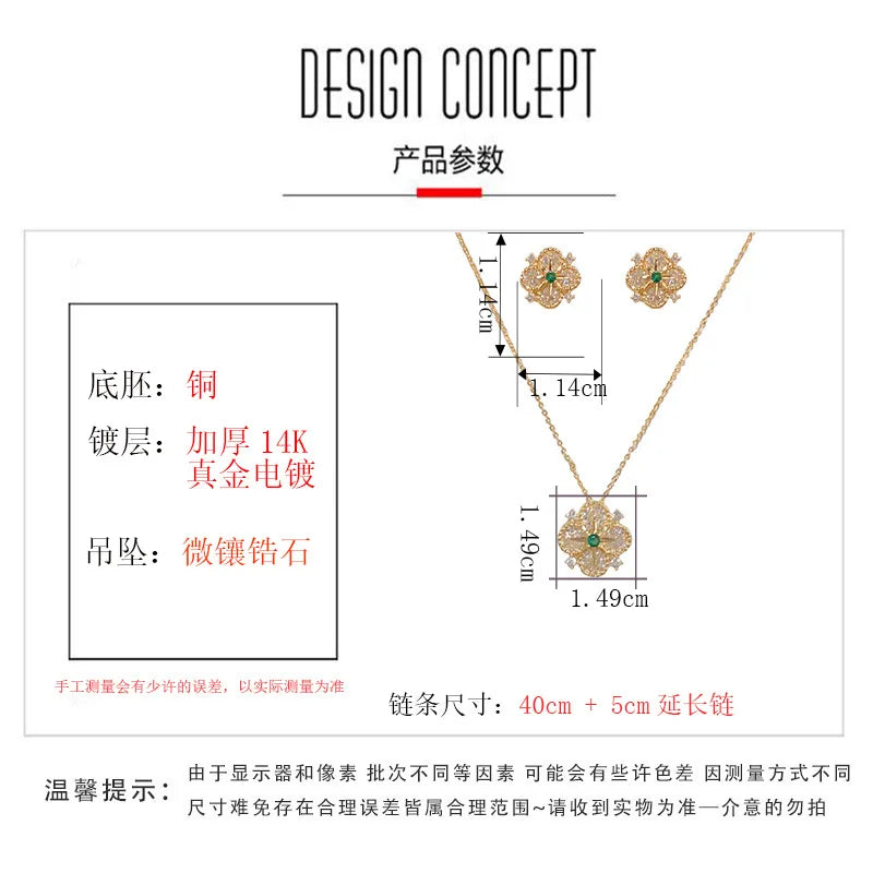 Top Quality  Fashion Exquisite Flower Necklace and Earrings Set with Zircon Classic Real Gold Plated Jewelry Set for Women