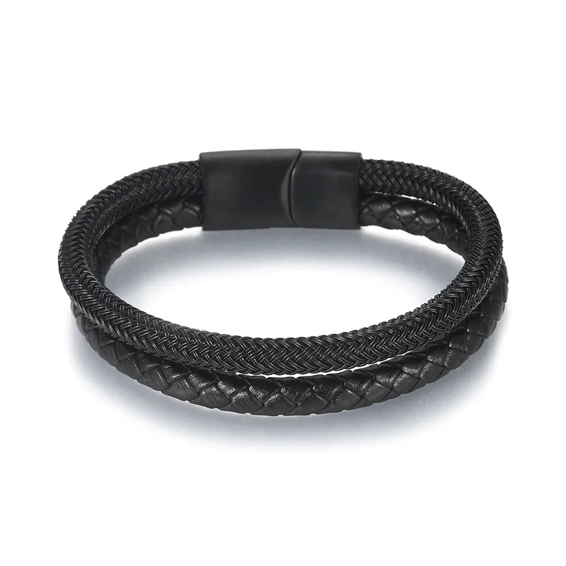KALEN 12mm Width Men Mature Silver/Black Stainless Steel&Cowhide Leather Double Chain Bracelet
