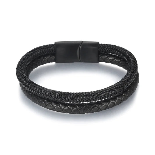 KALEN 12mm Width Men Mature Silver/Black Stainless Steel&Cowhide Leather Double Chain Bracelet