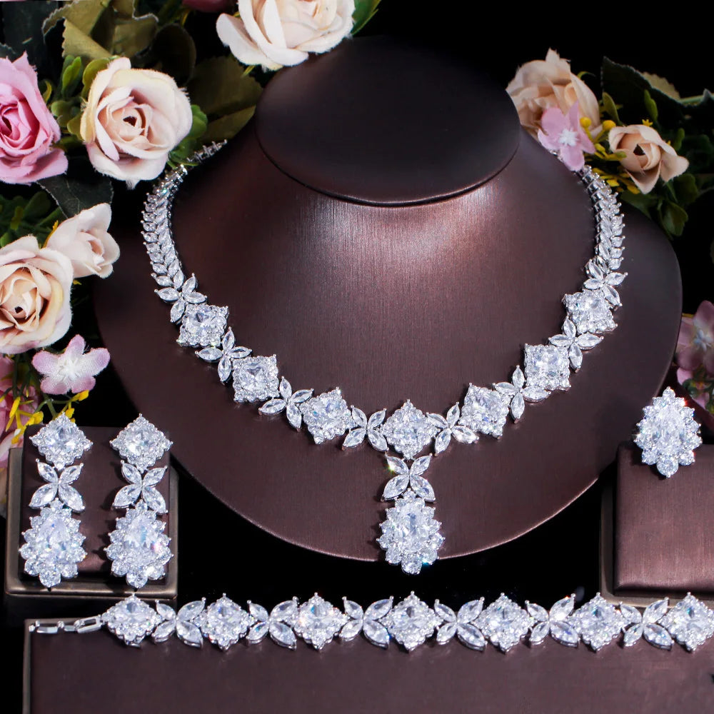 4 Pcs Flower Drop Emerald Green Big Cubic Zircon Dubai Women Party Costume Jewelry Sets for Brides Wedding Luxury