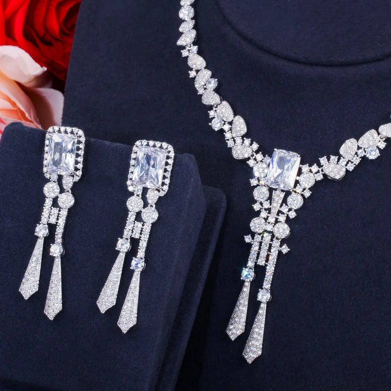 Luxury Yellow Nigeria CZ Crystal Dangle Drop Wedding Earring Necklace with Long Tassel Big Dubai Bridal Jewelry Sets Accessories