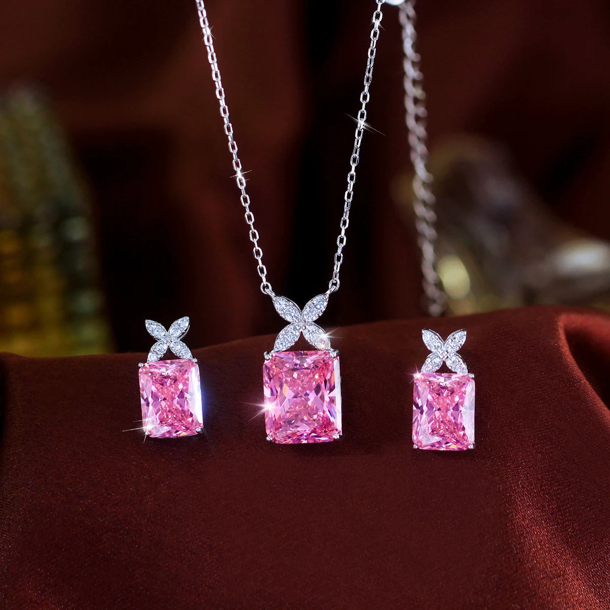 Genuine S925 Sterling Silver Crushed Ice Stone Cubic Zirconia Pink Pendant Set Necklace and Earring Set for Women Party Jewelry