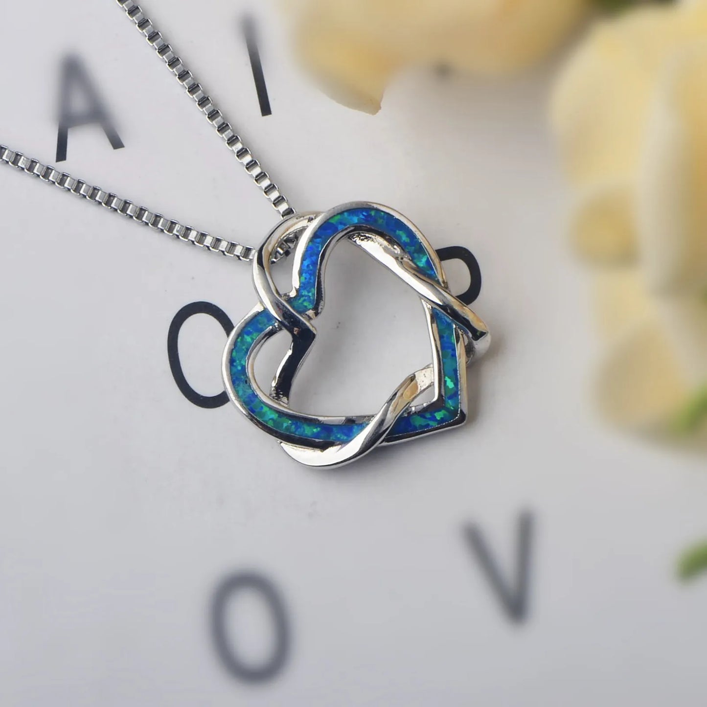 Eternal Intertwined Heart Copper Silver Plated Lariat Opal Pendant-Blue Fire Opal Inlaid Double Heart Design | Romantic Love