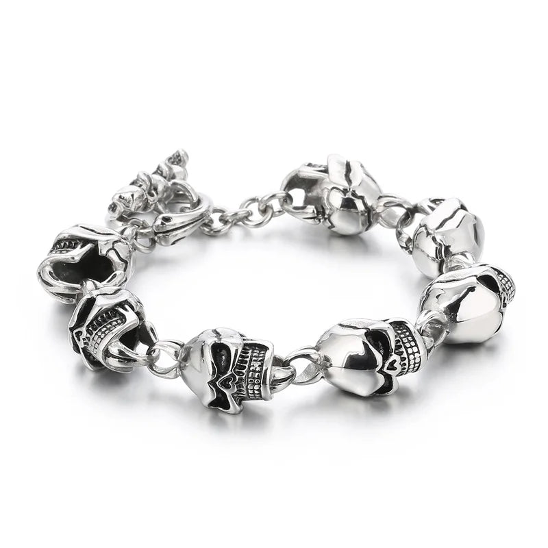 REBEL Men Punk Stainless Steel OT Clasp Skull Links Bracelet&Necklace/Waist Chain Jewelry Set